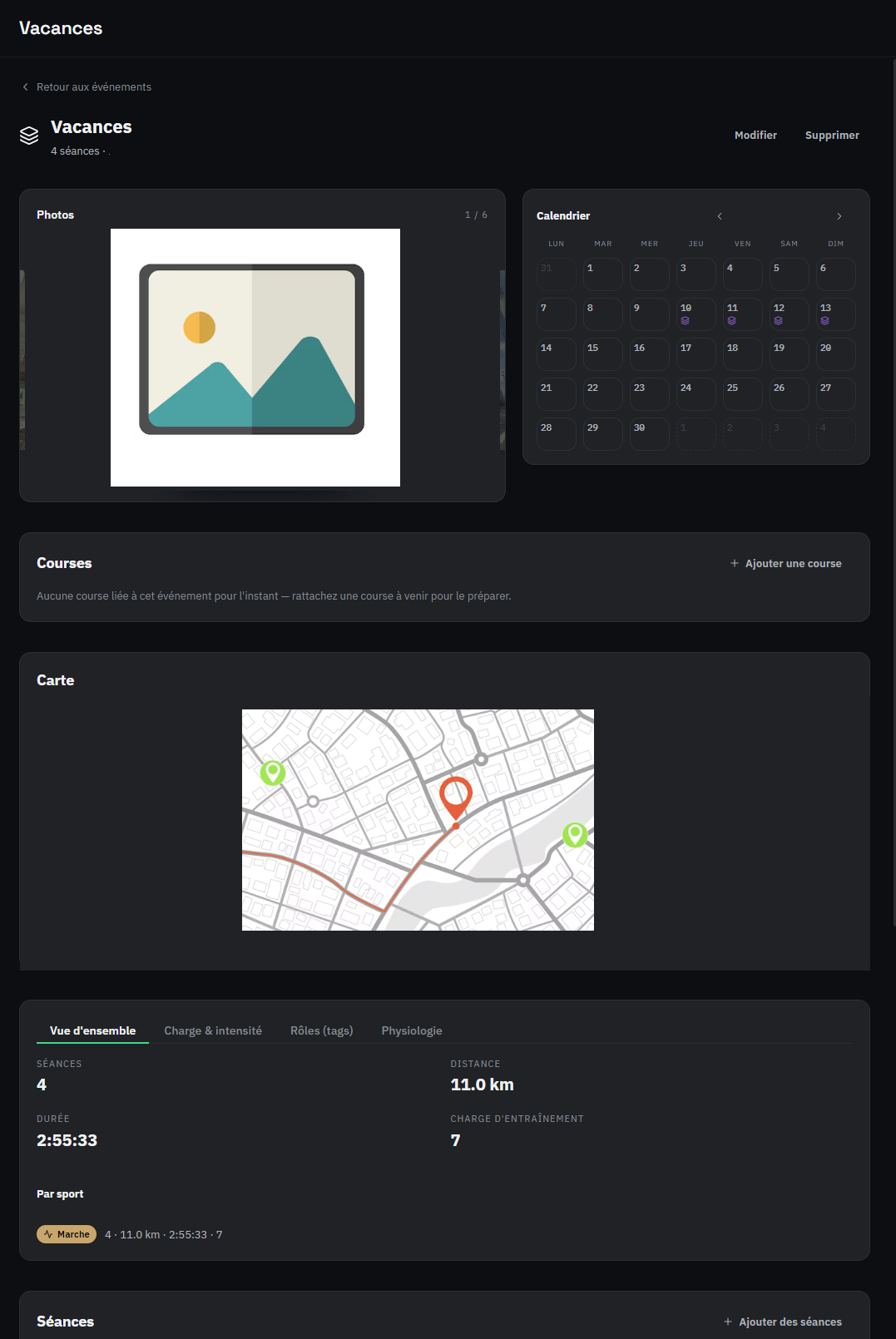 an event page (/events) grouping several sessions
