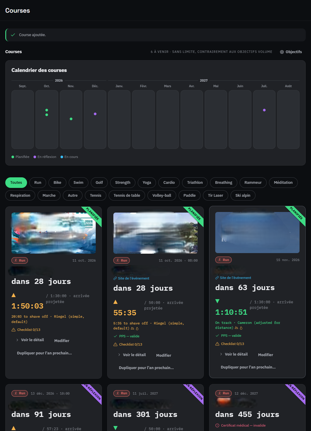 the Races page (/races): 12-month calendar and race cards with projected time and checklist